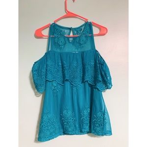 SOCIETY GIRL | Teal Lace Cold Shoulder Top